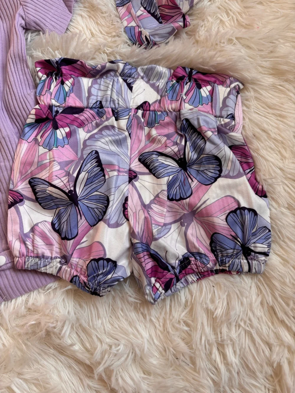 Lilac Ribbed Top with Butterfly Print Skirt Set